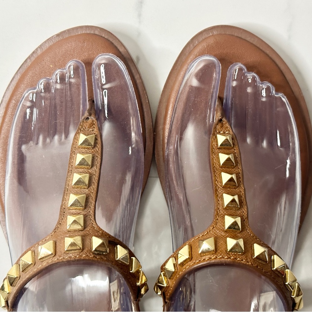 MICHAEL Michael Kors Brown Leather Sandal Gold Studded 5.5 Flat Thong - Picture 5 of 12